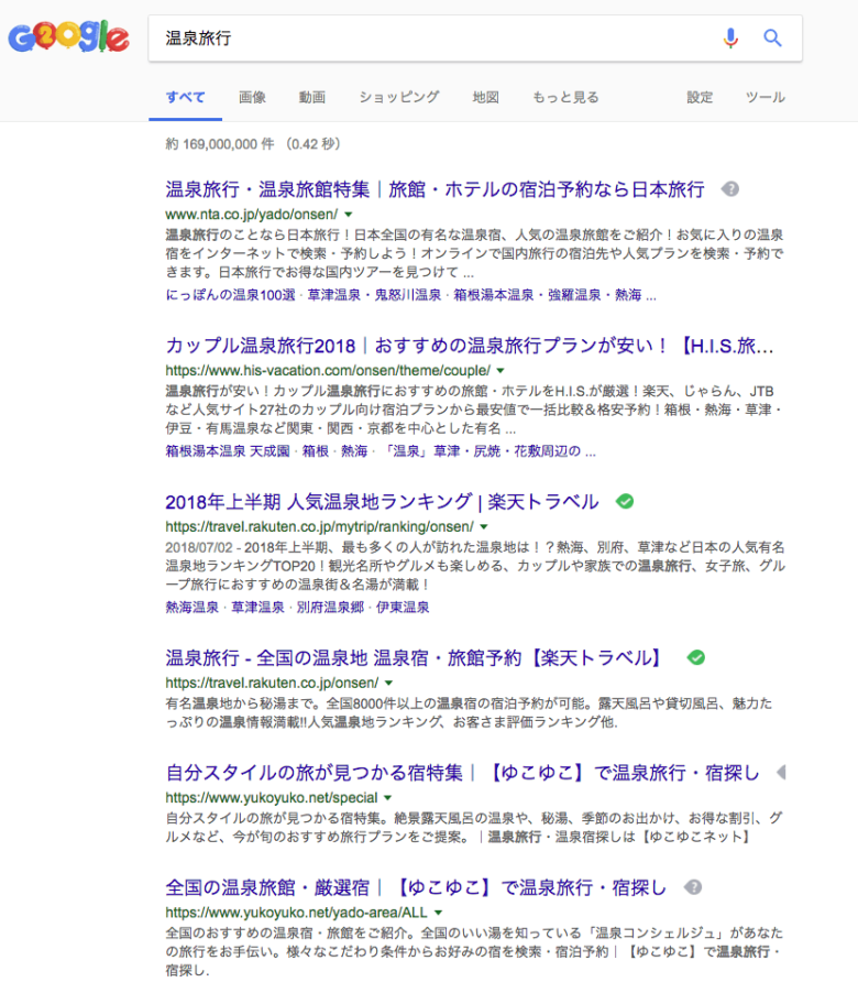 Googleで温泉旅行を検索した時の検索結果画面