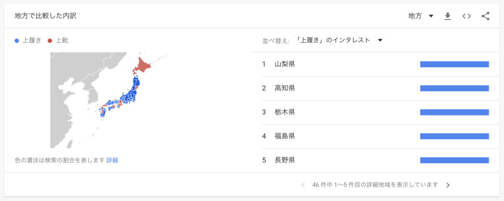 Googleトレンド：「上履き」と「上靴」の地域ごとの検索結果比較